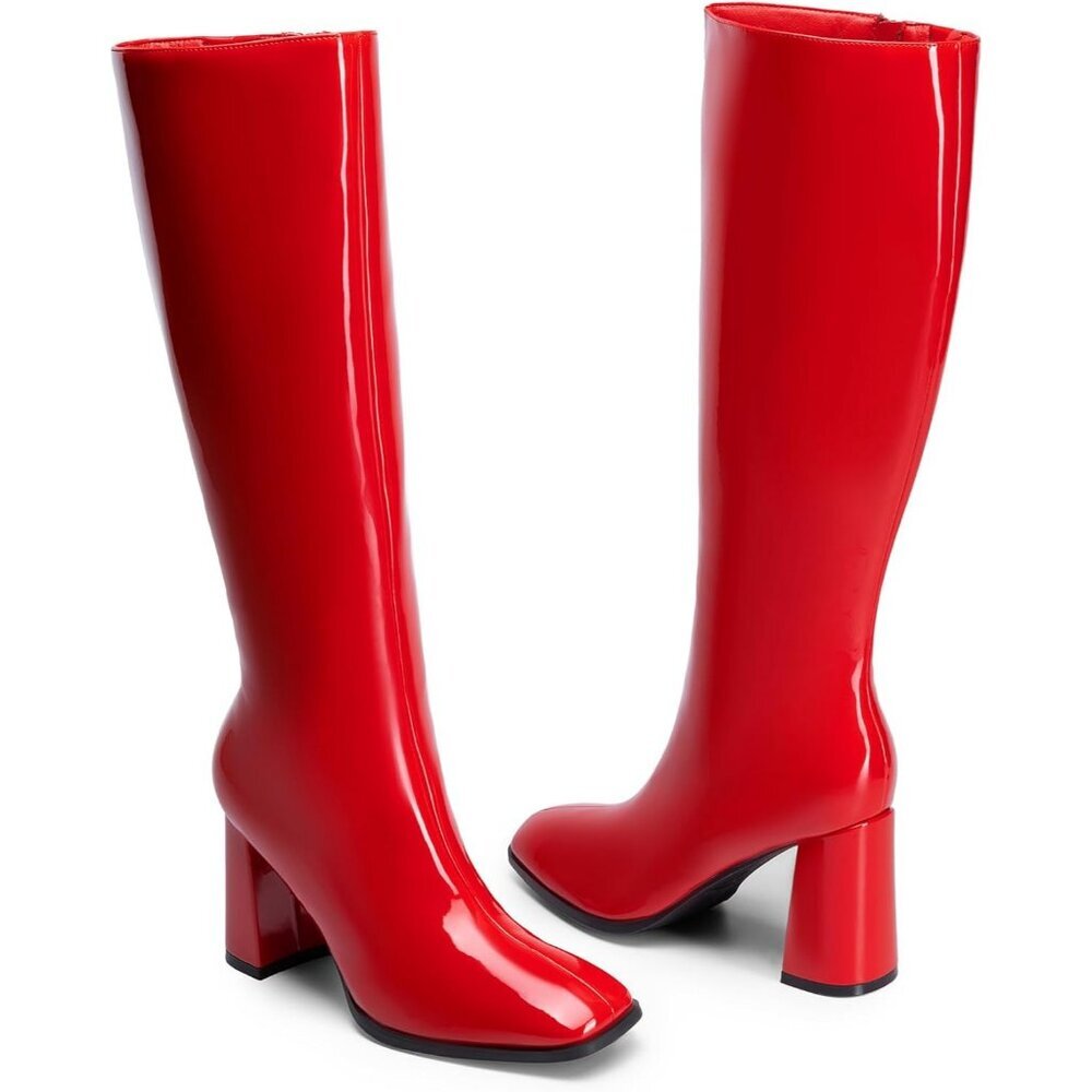 Women's Red DREAM PAIRS Knee-High Boots Square Toe Gogo Chunky Heel Side Zip - Picture 8 of 9